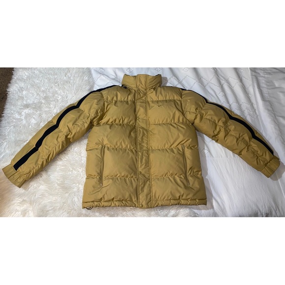 Nike | Rare Vintage Down Puffer Jacket Full Zip Hooded Muted Yellow Black Stripe - Picture 7 of 16